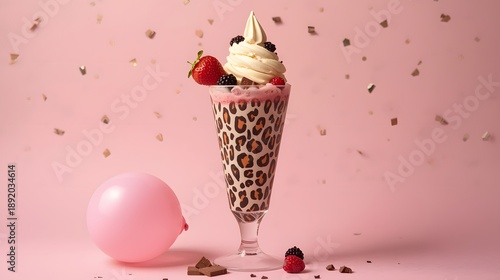 Delicious strawberry ice cream sundae with whipped cream in elegant glass on pink pastel background with festive confetti accents