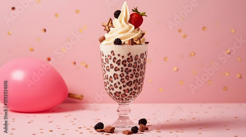 Delicious strawberry ice cream sundae with whipped cream in elegant glass on pink pastel background with festive confetti accents
