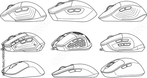 Collection of hand drawn computer mouse vector icons featuring gaming and ergonomic office designs isolated on white background for technology and hardware accessories