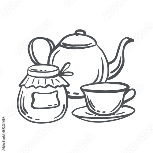 Teapot, cup with saucer and jar of jam or honey vector graphic illustration. Table setting items. Hand drawn isolated doodle of tableweare. Black and white clipart for desing menu, cottagecore vibes.