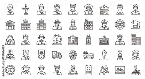 Collection of monochrome outline icons depicting various objects and scenes for design projects.
