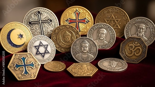 Ornate medallions and coins featuring symbols and figures from diverse world religions.