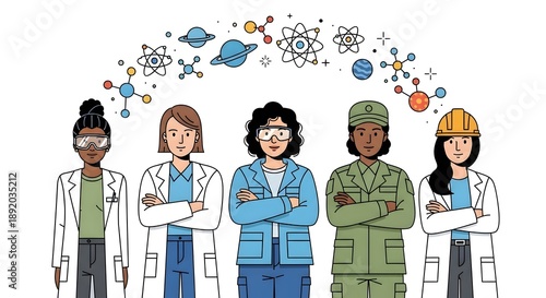 Diverse group of women in science professions isolated on white background