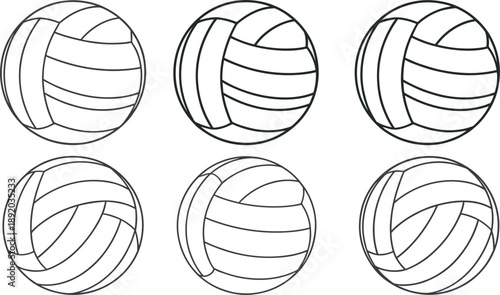 Set of six volleyball line art icons showing various angles and rotations vector illustration for sports team competition tournament beach games and athletic training design elements