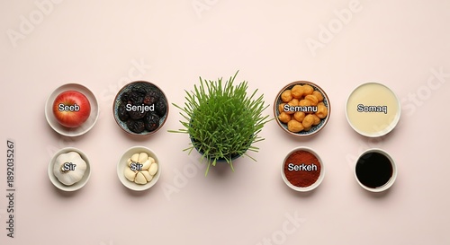 Festive Haft Seen collection for Persian New Year, featuring symbolic sabzeh, apple, sumac, garlic, and other traditional items, beautifully arranged on a soft background for celebration