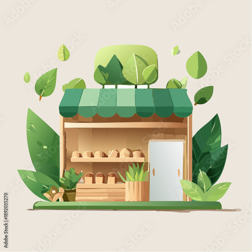 Charming illustration of a quaint, eco-friendly bakery storefront filled with baked goods and lush greenery