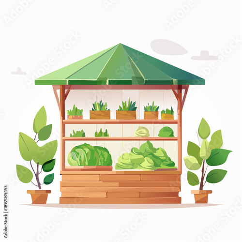 Charming illustration of a vibrant outdoor market stall overflowing with fresh, leafy green vegetables, embodying a healthy lifestyle and supporting local growers