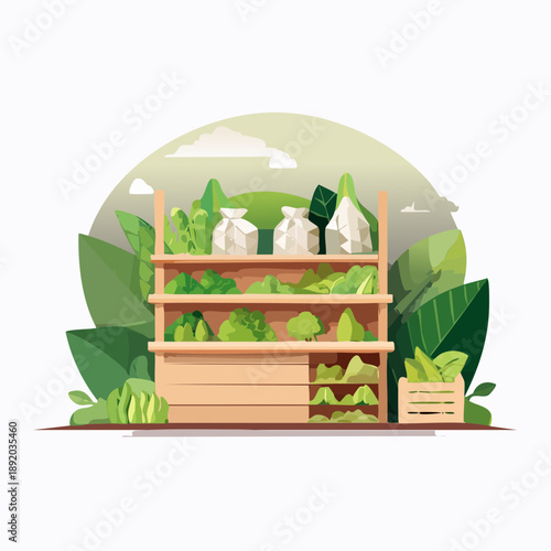 Freshly harvested organic produce displayed on a rustic wooden market stand, featuring vibrant leafy greens and herbs against a lush natural backdrop, promoting healthy eating and sustainable living