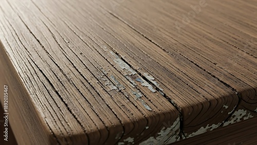 Close-up of weathered wooden surface with cracks and peeling white paint.