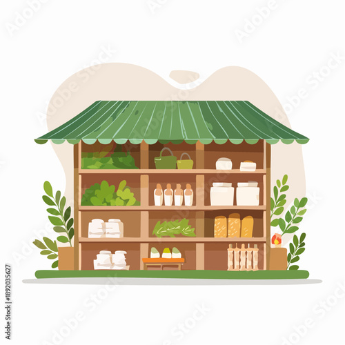 Vibrant Illustrated Market Stall Overflowing with Fresh Produce and Pantry Goods, Promoting Healthy Eating and Local Commerce