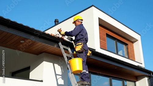 Worker cleaning gutters on a modern house exterior.