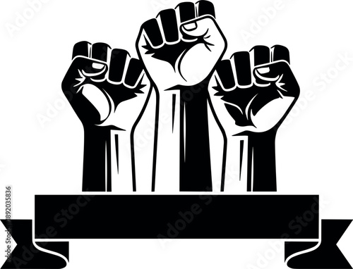 Title Powerful vector illustration of three raised clenched fists of solidarity and protest with a blank black ribbon banner for activism social justice and revolution concepts