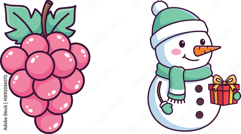 Naklejka premium Cute Christmas and Winter Vector Illustration with Cartoon Snowman Holding Gift and Fresh Grape Fruit Icon for Seasonal and Holiday Designs