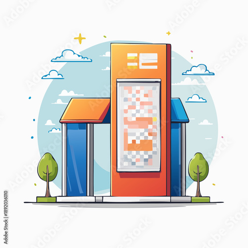 Modern building facade with digital display screen and surrounding greenery, representing business or urban development