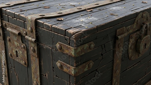 Close-up view of an antique weathered wooden chest with rusted metal straps and a vintage lock, showcasing intricate details and textures.