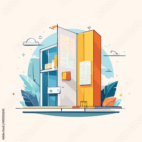 Modern urban building in vibrant flat design. An architectural concept with clean lines and bright colors, suitable for real estate and development projects