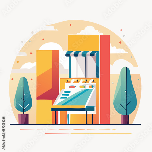 Vibrant illustration of a modern storefront with trees and a bright, sunny sky