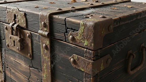 Close-up of an antique wooden treasure chest with rusty metal straps and a padlock, showing signs of age and wear.