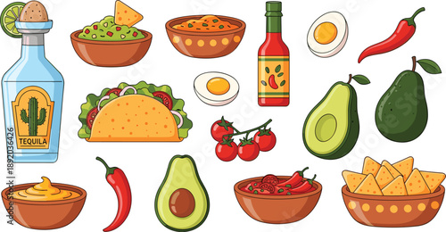Mexican Food Vector Illustration Set with Tacos, Nachos, Guacamole, Avocado, Chili Peppers, Salsa Bowls, and Tequila Bottle for Cuisine Designs
