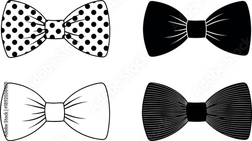 Set of four minimalist black and white bow tie vector illustrations featuring polka dots solid black and outline styles for formal fashion and gentleman concepts.