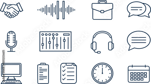 Set of black linear icons for business communication management and office productivity featuring handshake sound waves briefcase microphone headphones and calendar on white background.