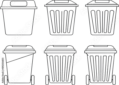 Trash bin line art vector icon set with garbage containers and wheeled waste bins isolated on white