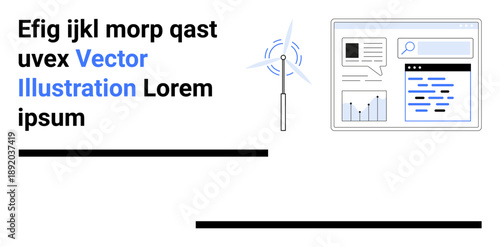 Renewable energy, data analytics, digital media, environmental technology, web development, modern trends. Wind turbine with data elements and a website interface. Renewable energy and data analytics