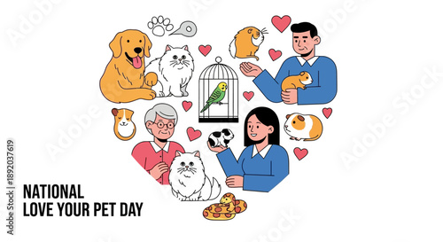 Illustration of people and pets in a heart shape on National Love Your Pet Day in the USA with a veterinarian and a dog, cat, and other animals.