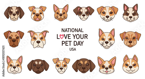 Illustration of multiple dog breeds' faces and a cat for National Love Your Pet Day in the USA with a sketch style on a white background.