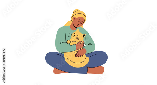 A woman sits cross-legged holding a cat on National Love Your Pet Day in a colorful illustration with a warm and affectionate mood.