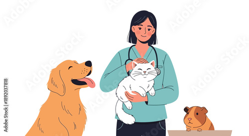 A veterinarian woman holding a white cat with a golden retriever and a brown dog on a table for National Love Your Pet Day in a sketch style with a clean white background.