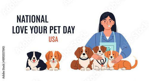 A veterinarian with a blue scrub top and apron surrounded by a diverse group of dogs on National Love Your Pet Day in the USA.