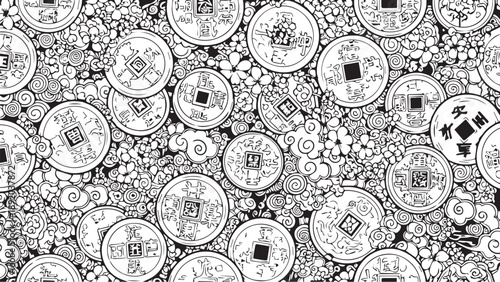 Dense monochrome collage of coins forming a busy circular texture and pattern.