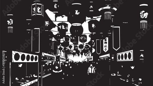 Nighttime city street scene with illuminated signs and storefronts.