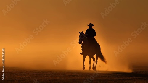 A cowboy riding a horse against a vibrant sunset, casting long shadows on the ground.