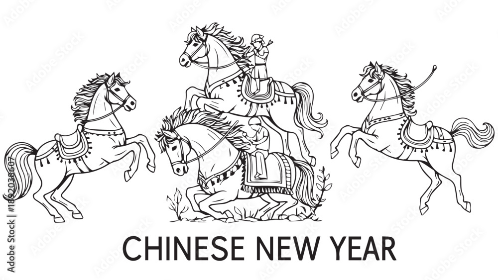 Fototapeta premium Traditional Chinese New Year illustration featuring a mounted warrior and dancing horses.