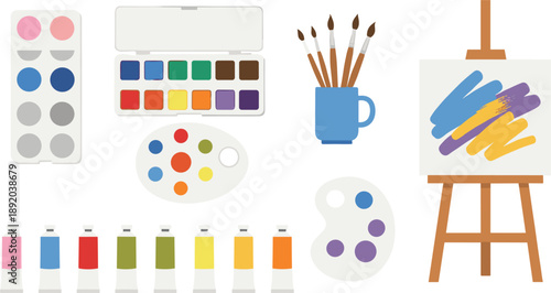Painting Art Supplies Vector Illustration with Paint Tubes, Color Palettes, Brushes, Easel, and Canvas for Creative Studio and Artist Designs