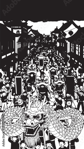 Dense black and white street parade filled with masked crowds and lively activity.