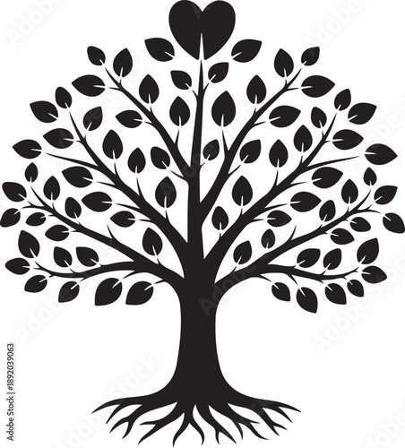 Vector tree silhouette with heart shaped leaves and roots on white background