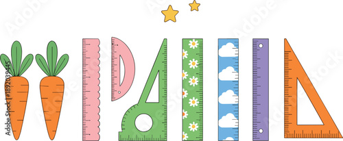 Education Typography Vector Illustration with School Rulers, Measuring Tools, Carrots, and Decorative Letters for Learning, Teaching, and Classroom Designs