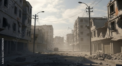 War-torn cityscape with battle-scarred landscape and ruined buildings stretching into the distance