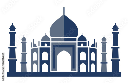 Blue Taj Mahal Vector Icon. Minimalist Flat Illustration of Indian Landmark in Monochromatic Shades. Simple Architecture Symbol for Travel Apps, Web Design, and Business Logos.