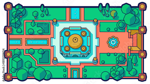 Taj Mahal Complex Map Vector Illustration. Top Down Aerial View of Indian Landmark with Charbagh Garden Layout. Flat Plan Architecture for Game Assets, Info Graphics and Guide.