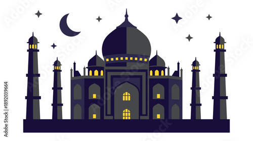 Taj Mahal Night Scene Vector Illustration. Flat Style Indian Landmark with Crescent Moon and Stars. Midnight Architecture Concept for Ramadan Kareem or Evening Tourism Design.