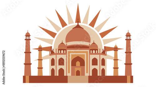 Taj Mahal Vector Illustration with Sunburst Background. Retro Flat Design of Indian Landmark in Earthy Tones. Vintage Architecture Emblem for Travel Logo and Cultural Concepts.