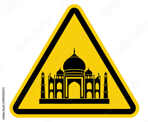 Taj Mahal Warning Sign Vector. Yellow Triangle Hazard Symbol with Indian Landmark Silhouette. Caution Road Sign Concept for Tourism Zones, Travel Alerts, or Construction Areas.
