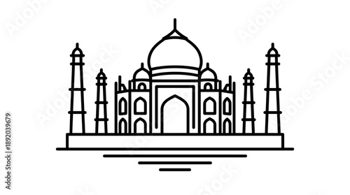 Taj Mahal Line Art Vector Illustration. Minimalist Black Outline of Indian Landmark. Linear Style Architecture Drawing for Logos, Icons, Coloring Books, and Design Elements.