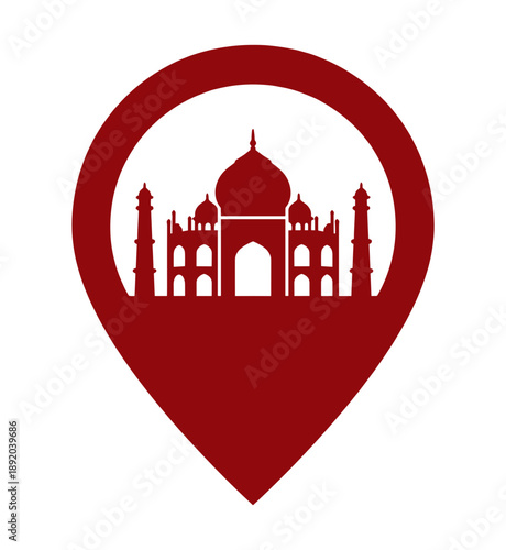 Taj Mahal Location Pin Vector Icon. Red Map Pointer with Indian Landmark Silhouette. Travel Destination Marker Symbol for Navigation, GPS, and Tourism Map Applications.