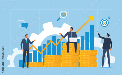 The Business Investors team are working together and analyzing profit charts. and business planning concept. flat vector illustration design. cartoon character activity
