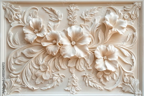 Intricate floral relief carving depicts blossoming flowers and trailing foliage in pale material